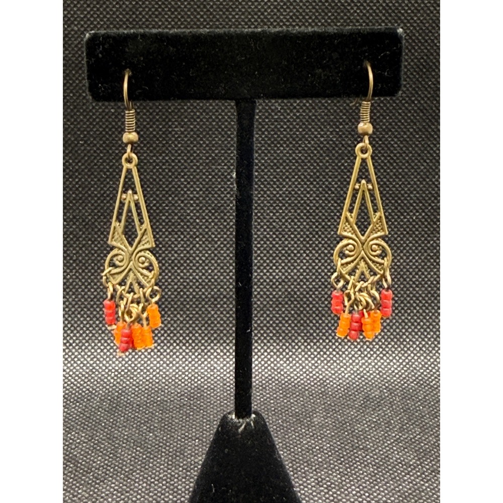 Boho Brass Filigree Chandelier Earrings Orange Red Seed Bead Fringe Dangle